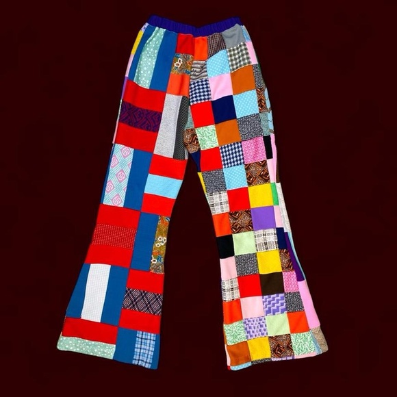 Vintage 70’s Handmade Colorful Patchwork Hippie Festival High Rise Flare Pants - Picture 8 of 8